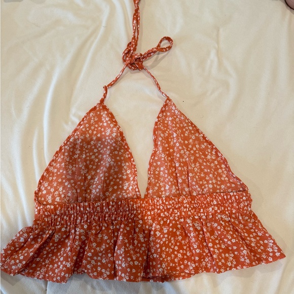 Orange Halter Top with White Flowers - Picture 2 of 2